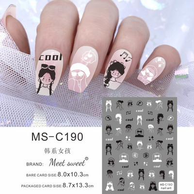 Melna kaķa nagu uzlīmes Helovīna rotājumi Jauki multfilmu monstri kaķēnu suņu nagu uzlīmes Krāsaini grafiti dizaina manikīrs