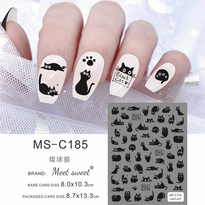 Melna kaķa nagu uzlīmes Helovīna rotājumi Jauki multfilmu monstri kaķēnu suņu nagu uzlīmes Krāsaini grafiti dizaina manikīrs