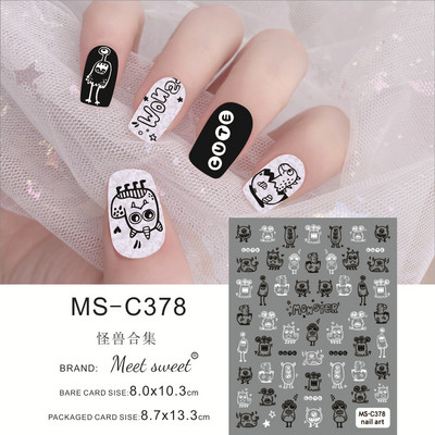 Melna kaķa nagu uzlīmes Helovīna rotājumi Jauki multfilmu monstri kaķēnu suņu nagu uzlīmes Krāsaini grafiti dizaina manikīrs