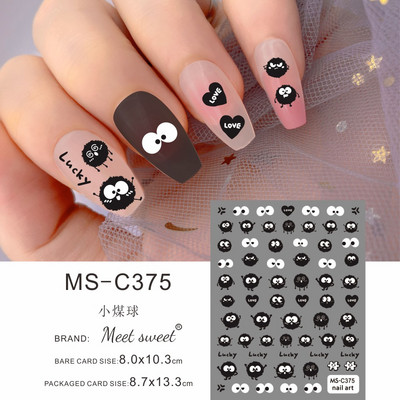 Melna kaķa nagu uzlīmes Helovīna rotājumi Jauki multfilmu monstri kaķēnu suņu nagu uzlīmes Krāsaini grafiti dizaina manikīrs