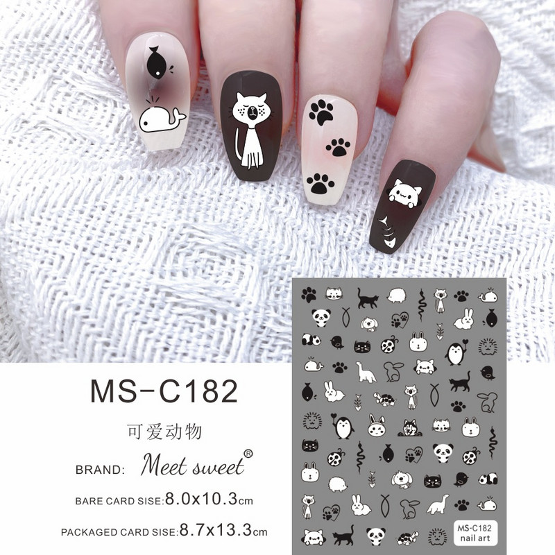 Melna kaķa nagu uzlīmes Helovīna rotājumi Jauki multfilmu monstri kaķēnu suņu nagu uzlīmes Krāsaini grafiti dizaina manikīrs