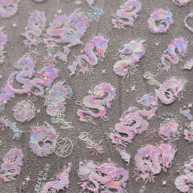 Shining Shell lāzera rozā pūķa uguņošana nagu uzlīmes 3D nagu mākslas dizaina apdares uzlīmes DIY manikīrs jaunākais dizains