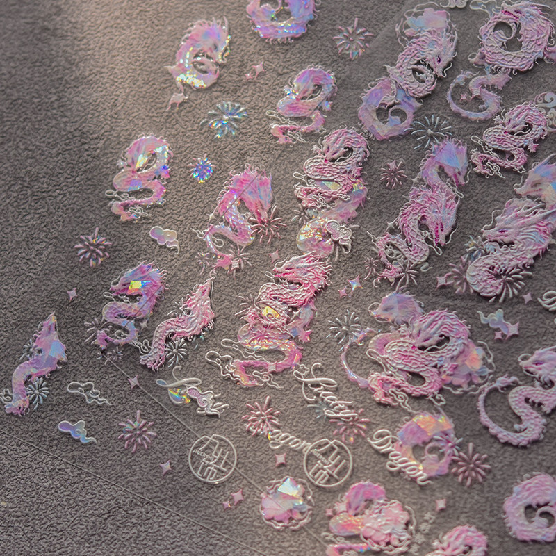 Shining Shell lāzera rozā pūķa uguņošana nagu uzlīmes 3D nagu mākslas dizaina apdares uzlīmes DIY manikīrs jaunākais dizains