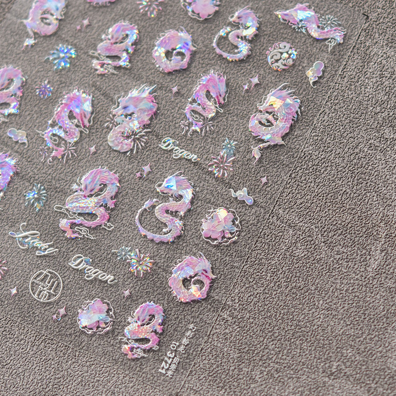 Shining Shell lāzera rozā pūķa uguņošana nagu uzlīmes 3D nagu mākslas dizaina apdares uzlīmes DIY manikīrs jaunākais dizains