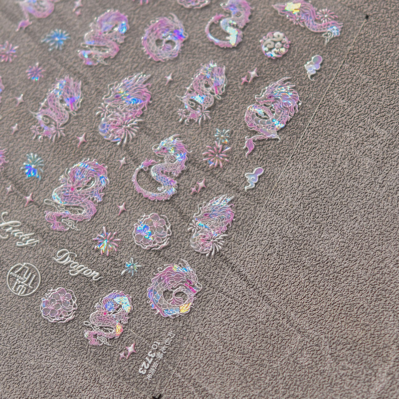 Shining Shell lāzera rozā pūķa uguņošana nagu uzlīmes 3D nagu mākslas dizaina apdares uzlīmes DIY manikīrs jaunākais dizains