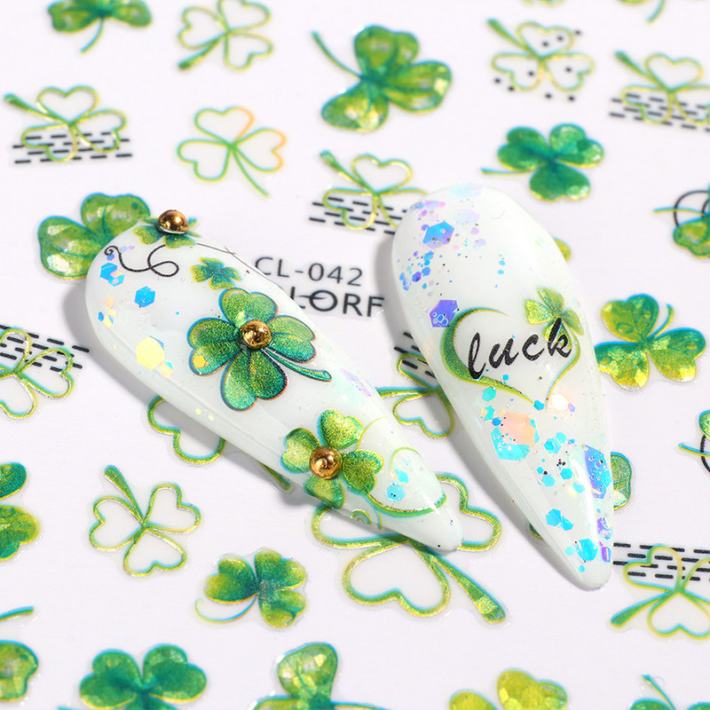 Nagu uzlīmes, slīdņi, zaļi šampanieti, ziedi, āboliņš, ginkgo lapas, nagu mākslas uzlīmes, 3D hologrāfiskas nagu folijas manikīrs TRCL037-052