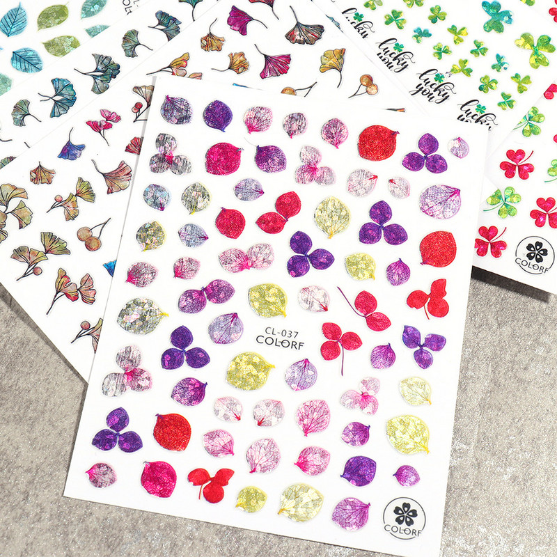 Nagu uzlīmes, slīdņi, zaļi šampanieti, ziedi, āboliņš, ginkgo lapas, nagu mākslas uzlīmes, 3D hologrāfiskas nagu folijas manikīrs TRCL037-052