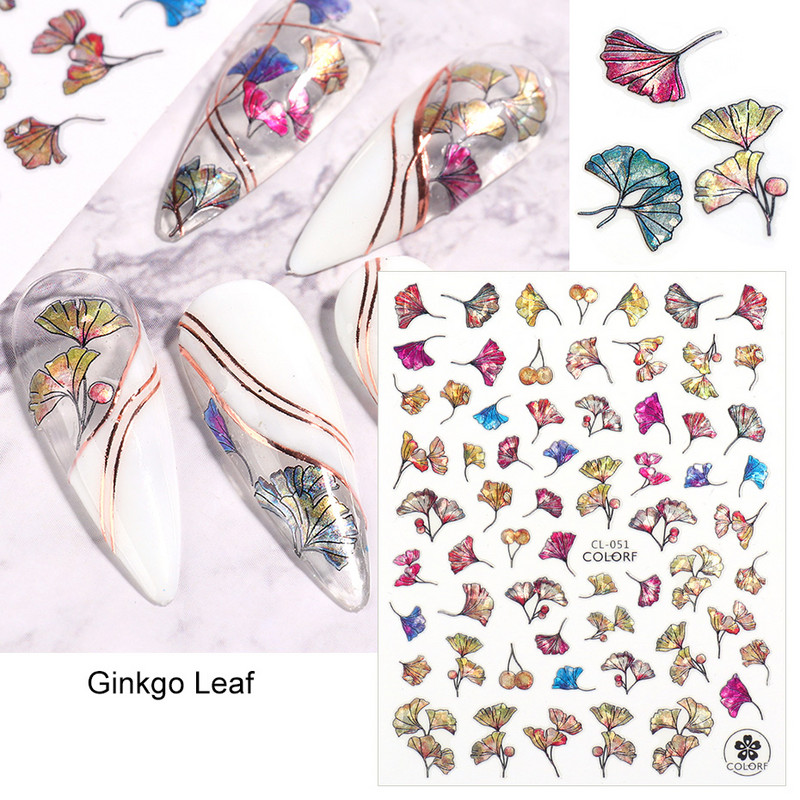 Nagu uzlīmes, slīdņi, zaļi šampanieti, ziedi, āboliņš, ginkgo lapas, nagu mākslas uzlīmes, 3D hologrāfiskas nagu folijas manikīrs TRCL037-052