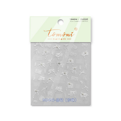 Balts mežģīņu loks ar pērļu kristāla naglu uzlīmes Augstas kvalitātes reljefs audums līmes mākslas uzlīmes manikīra aksesuāri