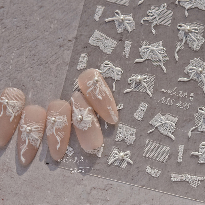 Balts mežģīņu loks ar pērļu kristāla naglu uzlīmes Augstas kvalitātes reljefs audums līmes mākslas uzlīmes manikīra aksesuāri