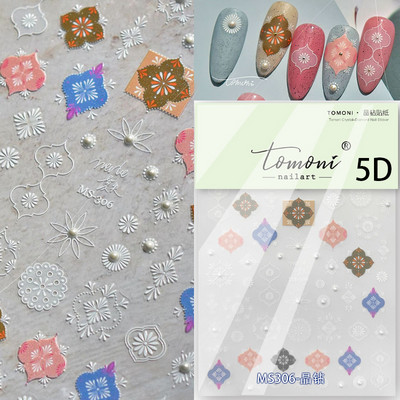 Cēls, balts, melns zieds, seksīga mežģīņu rožu pērle, kalnu strēles līnija, 5D reljefs, pašlīmējošs nagu mākslas noformējums, uzlīmes manikīra uzlīme