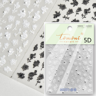 Cēls, balts, melns zieds, seksīga mežģīņu rožu pērle, kalnu strēles līnija, 5D reljefs, pašlīmējošs nagu mākslas noformējums, uzlīmes manikīra uzlīme