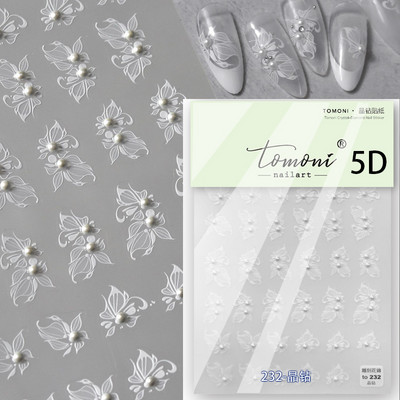 Cēls, balts, melns zieds, seksīga mežģīņu rožu pērle, kalnu strēles līnija, 5D reljefs, pašlīmējošs nagu mākslas noformējums, uzlīmes manikīra uzlīme