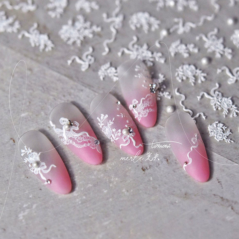 Cēls, balts, melns zieds, seksīga mežģīņu rožu pērle, kalnu strēles līnija, 5D reljefs, pašlīmējošs nagu mākslas noformējums, uzlīmes manikīra uzlīme