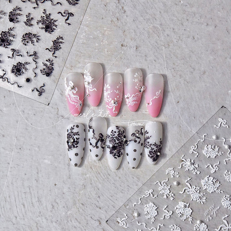 Cēls, balts, melns zieds, seksīga mežģīņu rožu pērle, kalnu strēles līnija, 5D reljefs, pašlīmējošs nagu mākslas noformējums, uzlīmes manikīra uzlīme