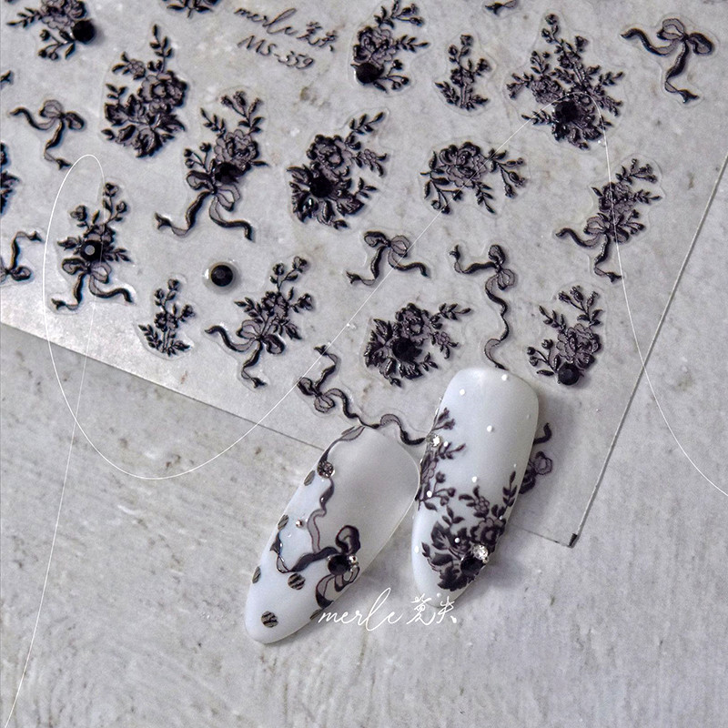 Cēls, balts, melns zieds, seksīga mežģīņu rožu pērle, kalnu strēles līnija, 5D reljefs, pašlīmējošs nagu mākslas noformējums, uzlīmes manikīra uzlīme