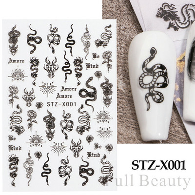 3D melnas čūskas nagu uzlīmes 2023. gada modes tauriņu pūķa dizaina tetovējuma slīdnis ziemas nagu ietīšanas dekorēšanas aksesuāri PPSTZ-X