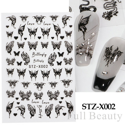 3D melnas čūskas nagu uzlīmes 2023. gada modes tauriņu pūķa dizaina tetovējuma slīdnis ziemas nagu ietīšanas dekorēšanas aksesuāri PPSTZ-X