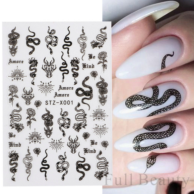 3D melnas čūskas nagu uzlīmes 2023. gada modes tauriņu pūķa dizaina tetovējuma slīdnis ziemas nagu ietīšanas dekorēšanas aksesuāri PPSTZ-X