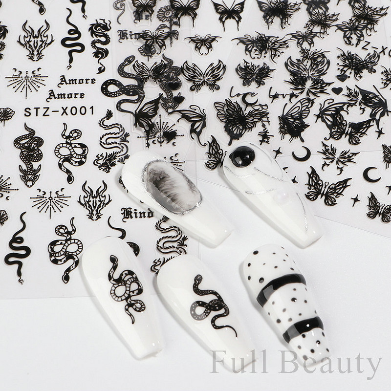 3D melnas čūskas nagu uzlīmes 2023. gada modes tauriņu pūķa dizaina tetovējuma slīdnis ziemas nagu ietīšanas dekorēšanas aksesuāri PPSTZ-X