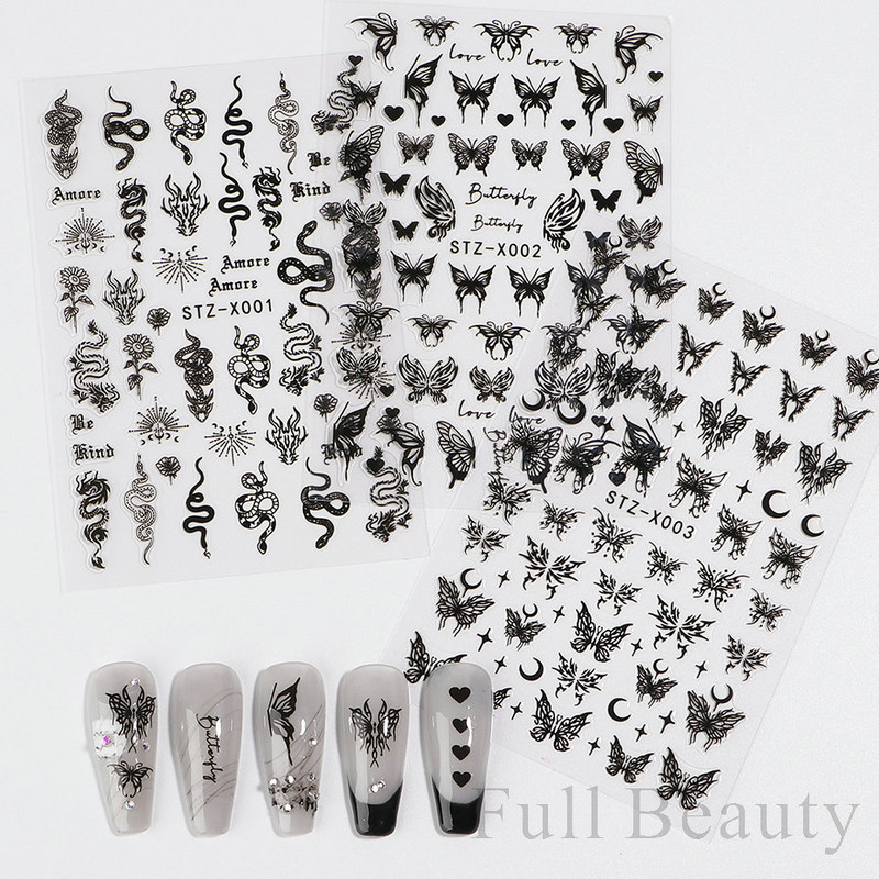 3D melnas čūskas nagu uzlīmes 2023. gada modes tauriņu pūķa dizaina tetovējuma slīdnis ziemas nagu ietīšanas dekorēšanas aksesuāri PPSTZ-X