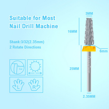 Дълги напречни срезове 5 в 1 Волфрамови свредла за нокти Карбидни две посоки Ляво дясно Въртене Фреза Инструменти за полиране на маникюр 3/32\