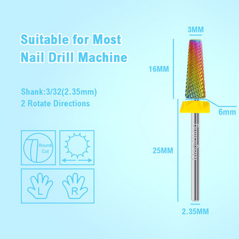 Дълги напречни срезове 5 в 1 Волфрамови свредла за нокти Карбидни две посоки Ляво дясно Въртене Фреза Инструменти за полиране на маникюр 3/32\