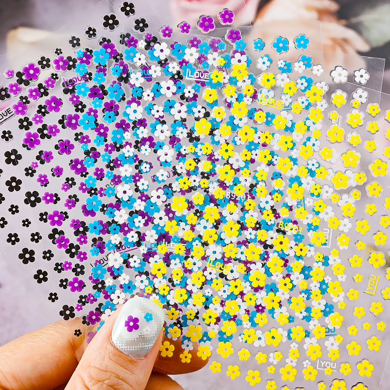 Pentapetal lillega küünekleebis Must valge karikakra lilleline küünte liugur õõnes KAHE suuruses küünekleebised HN56#