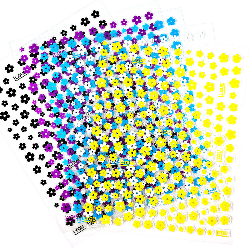 Pentapetal lillega küünekleebis Must valge karikakra lilleline küünte liugur õõnes KAHE suuruses küünekleebised HN56#