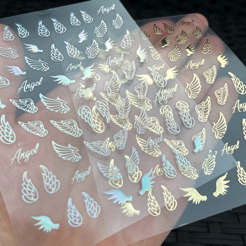 8 loksnes 5D eņģeļu spārnu nagu mākslas uzlīmes Pašlīmējošās nagu uzlīmes Spārnu nagu uzlīmes spārnu nagu uzlīmes, sudraba nagu mākslas uzlīme