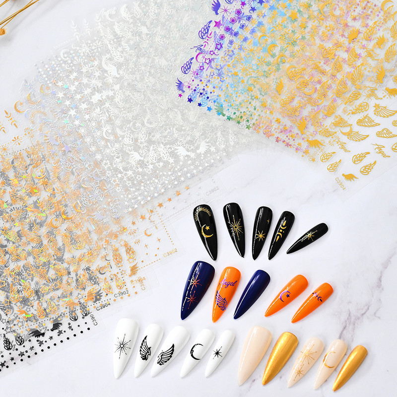 8 loksnes 5D eņģeļu spārnu nagu mākslas uzlīmes Pašlīmējošās nagu uzlīmes Spārnu nagu uzlīmes spārnu nagu uzlīmes, sudraba nagu mākslas uzlīme