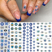 1 foaie 3D albastru Evil Eye Design Nail Art Decalcomani DIY Auto-adeziv Charms Glisoare linie abstractă Decorare Autocolante colorate pentru unghii
