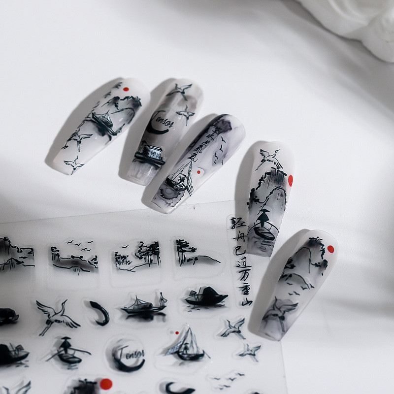 1 loksne 5D reālistiska tinte ķīniešu ainavu glezna Skiff Fishman celtnis saulriets līme nagu mākslas uzlīmes uzlīmes manikīra piekariņi