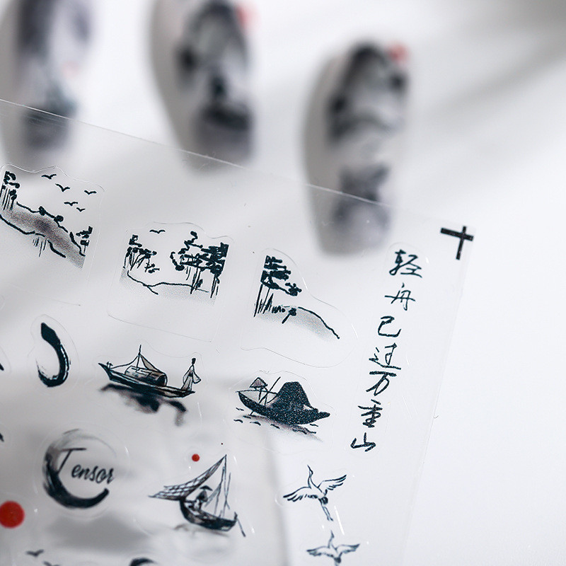 1 loksne 5D reālistiska tinte ķīniešu ainavu glezna Skiff Fishman celtnis saulriets līme nagu mākslas uzlīmes uzlīmes manikīra piekariņi