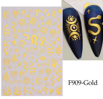 3D Snake Print Nagu uzlīmes Melnbalts Zelts Saules Mēness Rotaļveida raksts Tetovējumu uzlīmes Tauriņu nagu mākslas rotājumu uzlīmes