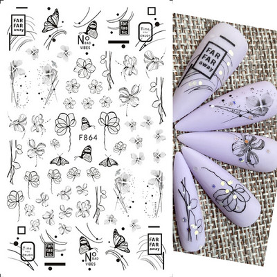 3D Snake Print Nagu uzlīmes Melnbalts Zelts Saules Mēness Rotaļveida raksts Tetovējumu uzlīmes Tauriņu nagu mākslas rotājumu uzlīmes