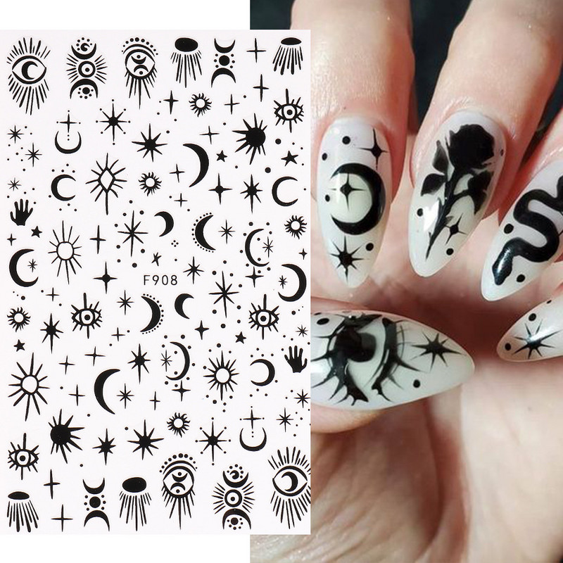3D Snake Print Nagu uzlīmes Melnbalts Zelts Saules Mēness Rotaļveida raksts Tetovējumu uzlīmes Tauriņu nagu mākslas rotājumu uzlīmes