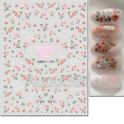 Autocolante 3d Nail Art Trandafiri roz pentru copii Flori Litere albe Glisoare adezive Decalcomanii Manichiura pentru unghii decorate