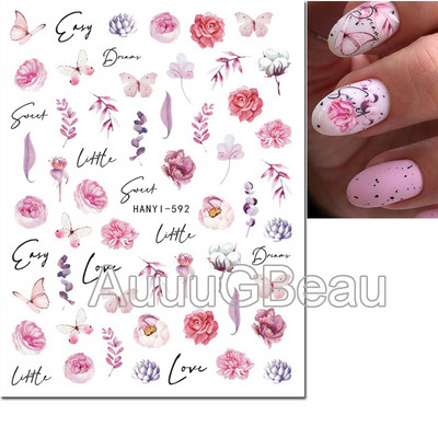 Autocolante 3d Nail Art Trandafiri roz pentru copii Flori Litere albe Glisoare adezive Decalcomanii Manichiura pentru unghii decorate