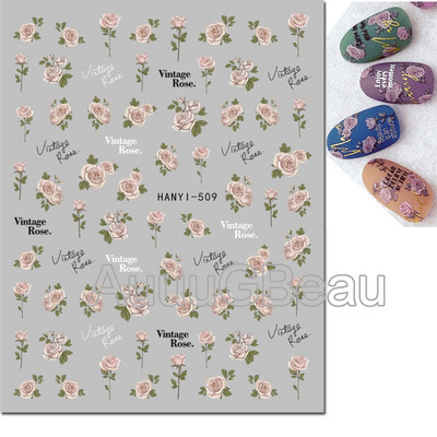 Autocolante 3d Nail Art Trandafiri roz pentru copii Flori Litere albe Glisoare adezive Decalcomanii Manichiura pentru unghii decorate