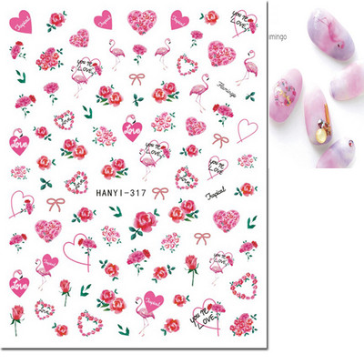 Autocolante 3d Nail Art Trandafiri roz pentru copii Flori Litere albe Glisoare adezive Decalcomanii Manichiura pentru unghii decorate