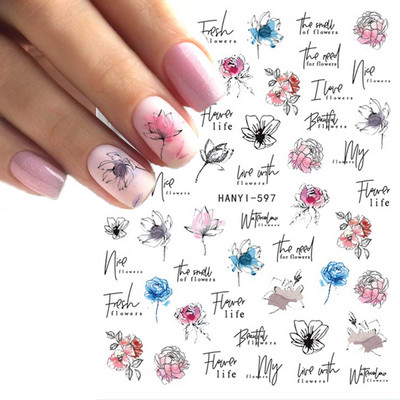 Autocolante 3d Nail Art Trandafiri roz pentru copii Flori Litere albe Glisoare adezive Decalcomanii Manichiura pentru unghii decorate