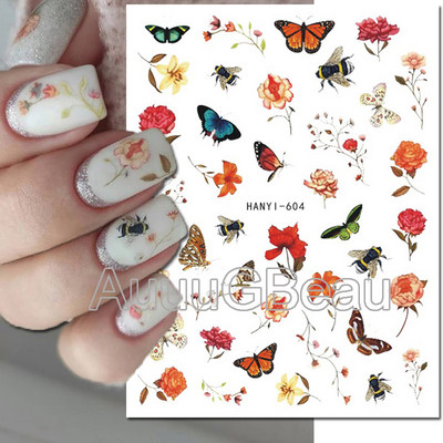 Autocolante 3d Nail Art Trandafiri roz pentru copii Flori Litere albe Glisoare adezive Decalcomanii Manichiura pentru unghii decorate