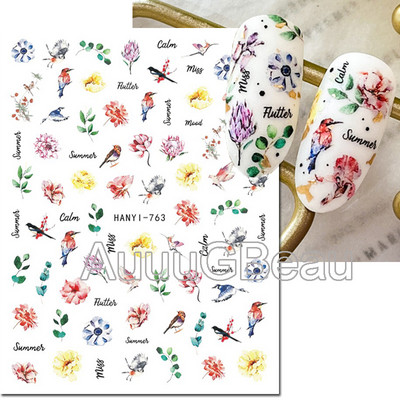 Autocolante 3d Nail Art Trandafiri roz pentru copii Flori Litere albe Glisoare adezive Decalcomanii Manichiura pentru unghii decorate