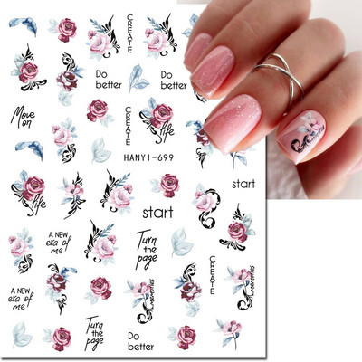 Autocolante 3d Nail Art Trandafiri roz pentru copii Flori Litere albe Glisoare adezive Decalcomanii Manichiura pentru unghii decorate
