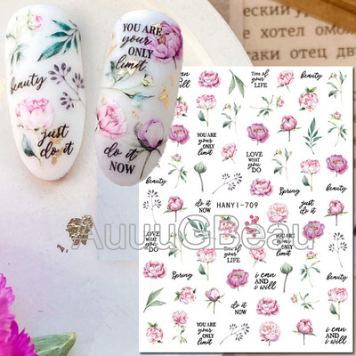 Autocolante 3d Nail Art Trandafiri roz pentru copii Flori Litere albe Glisoare adezive Decalcomanii Manichiura pentru unghii decorate