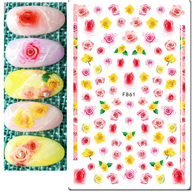 Autocolante 3d Nail Art Trandafiri roz pentru copii Flori Litere albe Glisoare adezive Decalcomanii Manichiura pentru unghii decorate