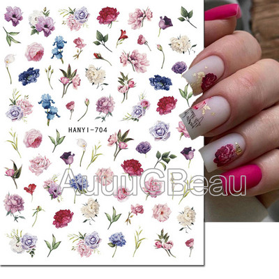 Autocolante 3d Nail Art Trandafiri roz pentru copii Flori Litere albe Glisoare adezive Decalcomanii Manichiura pentru unghii decorate