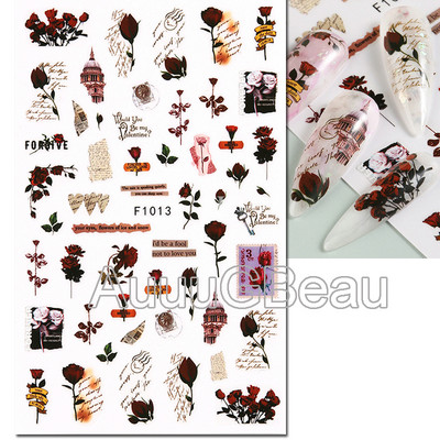 Autocolante 3d Nail Art Trandafiri roz pentru copii Flori Litere albe Glisoare adezive Decalcomanii Manichiura pentru unghii decorate