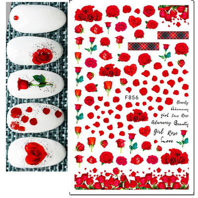 Autocolante 3d Nail Art Trandafiri roz pentru copii Flori Litere albe Glisoare adezive Decalcomanii Manichiura pentru unghii decorate